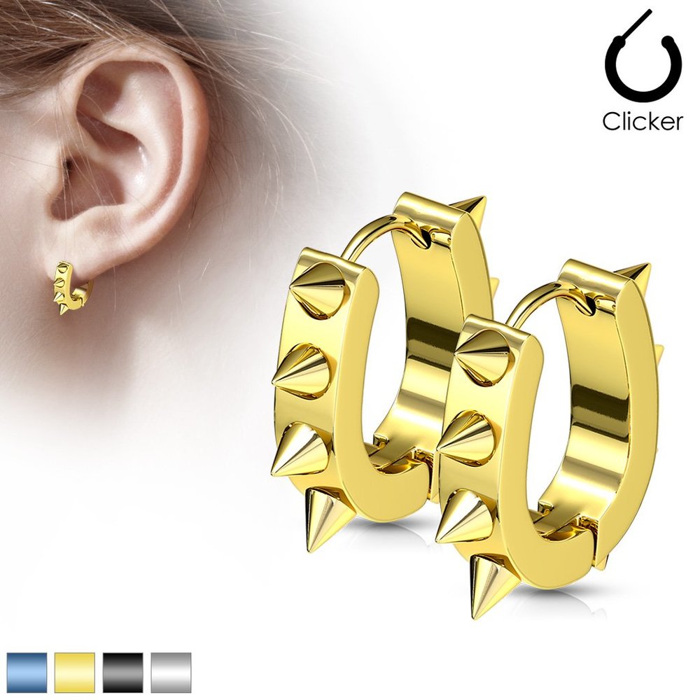 Pair of 316L Surgical Stainless Steel IP U Shaped Hoop Earrings with Spikes